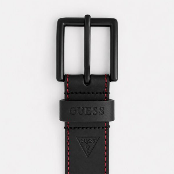 Cinturón Guess Original De Piel Hombre Negro Costura Roja