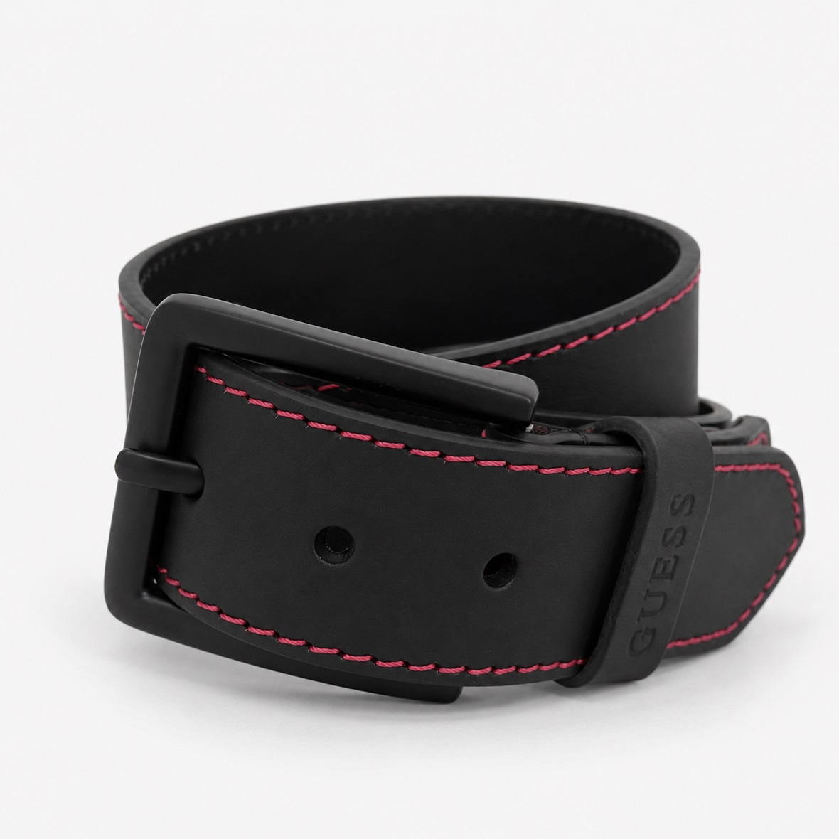 Cinturón Guess Original De Piel Hombre Negro Costura Roja