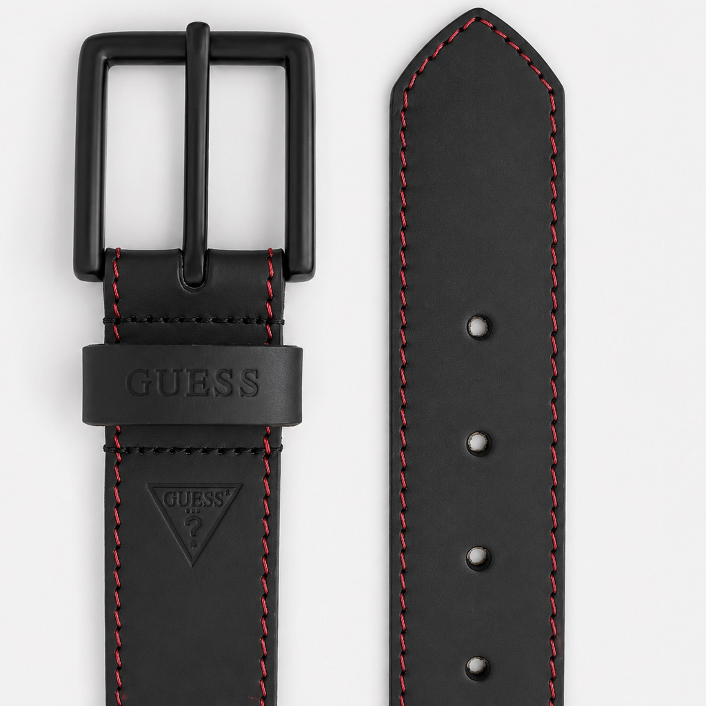 Cinturón Guess Original De Piel Hombre Negro Costura Roja