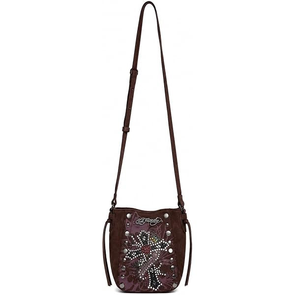 Bolsa Mini Crossbody Ed Hardy Original – Café Suede Con Pedrería.