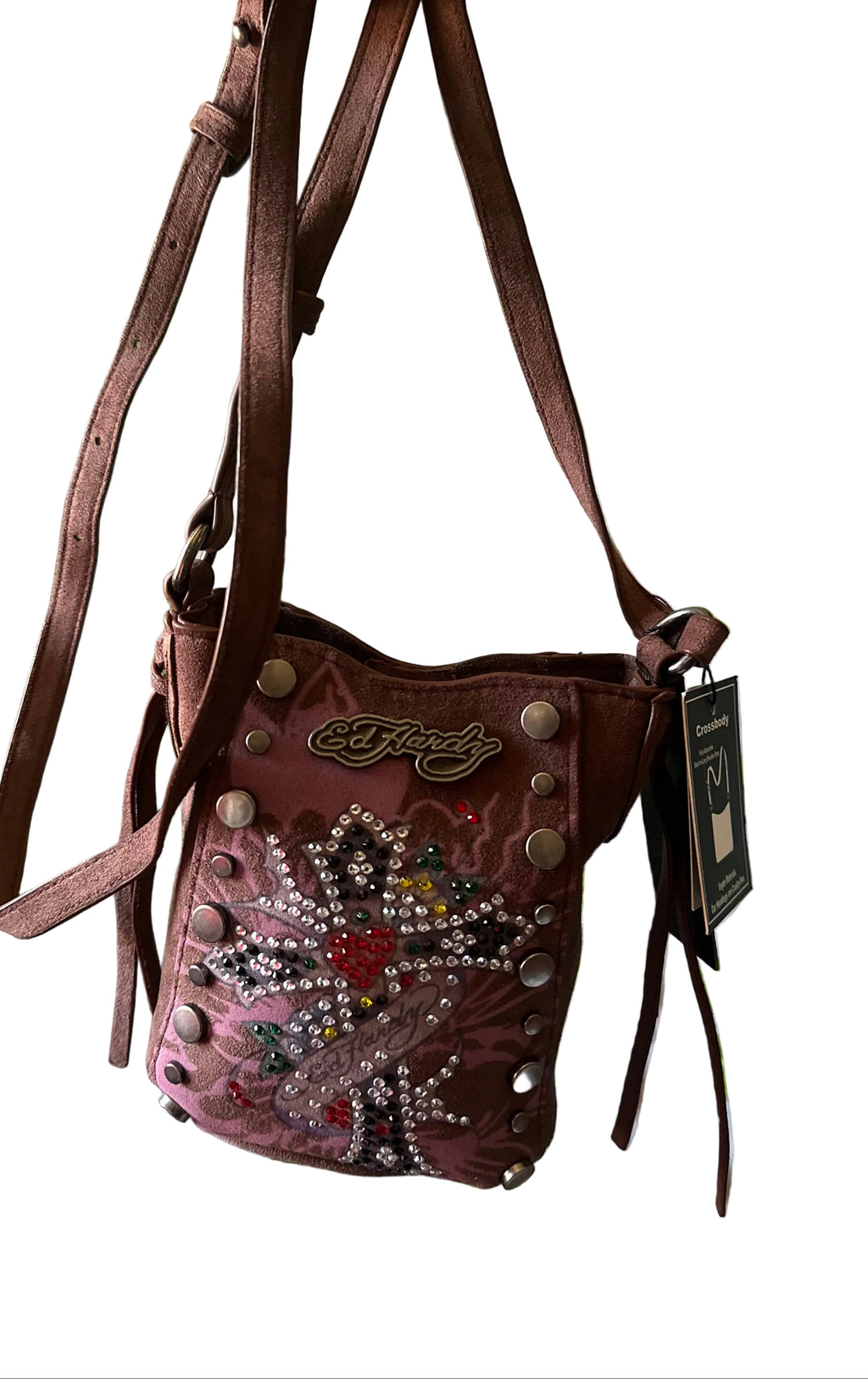 Bolsa Mini Crossbody Ed Hardy Original – Café Suede Con Pedrería.