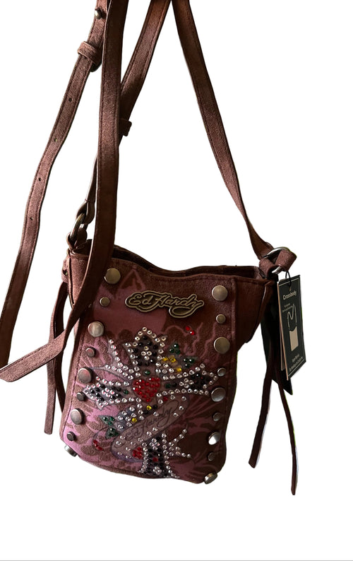 Bolsa Mini Crossbody Ed Hardy Original – Café Suede Con Pedrería.